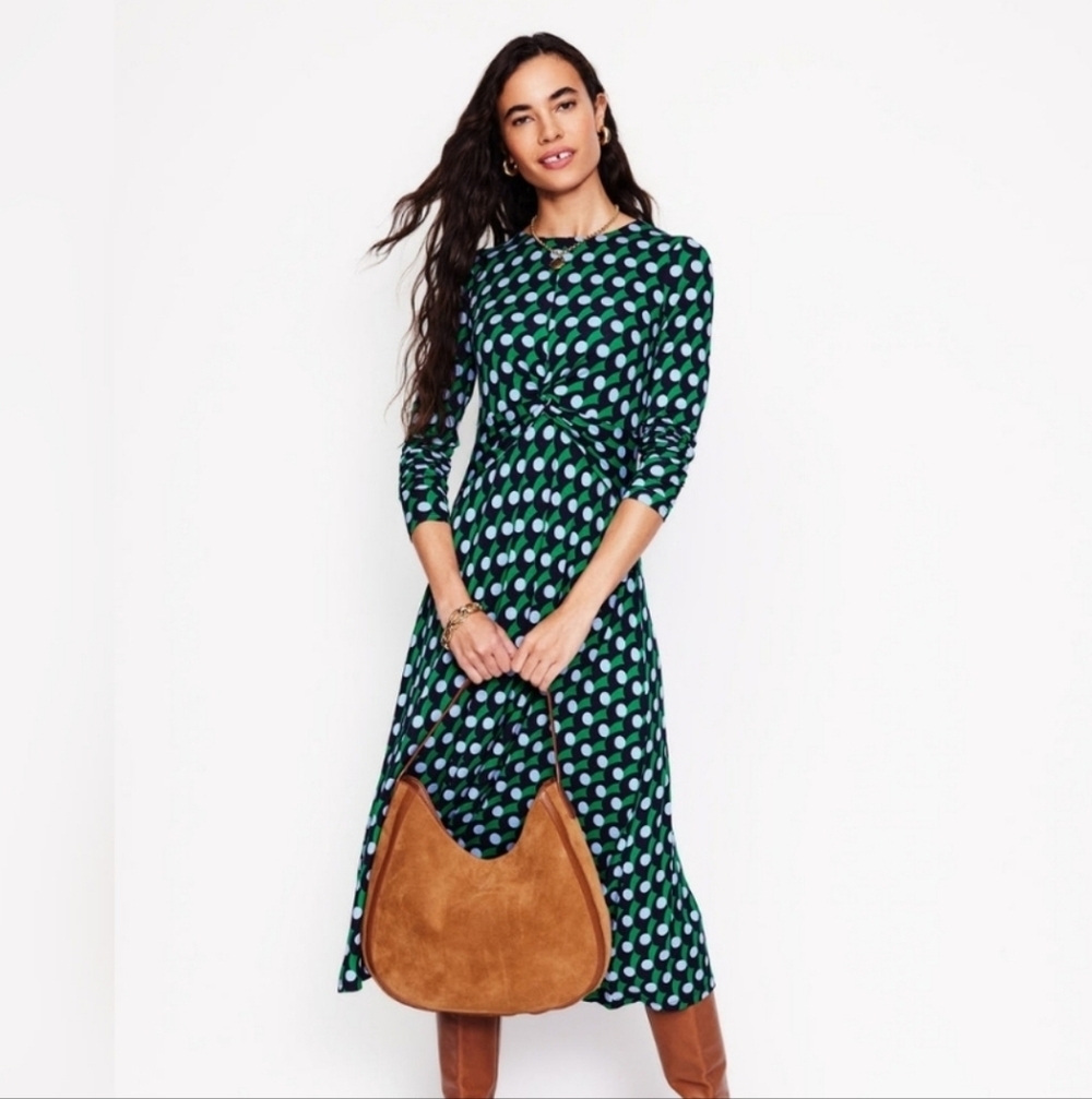 Boden Twisted Waisy Jersey Green and Blue Polka Dot Long Sleeve Dress